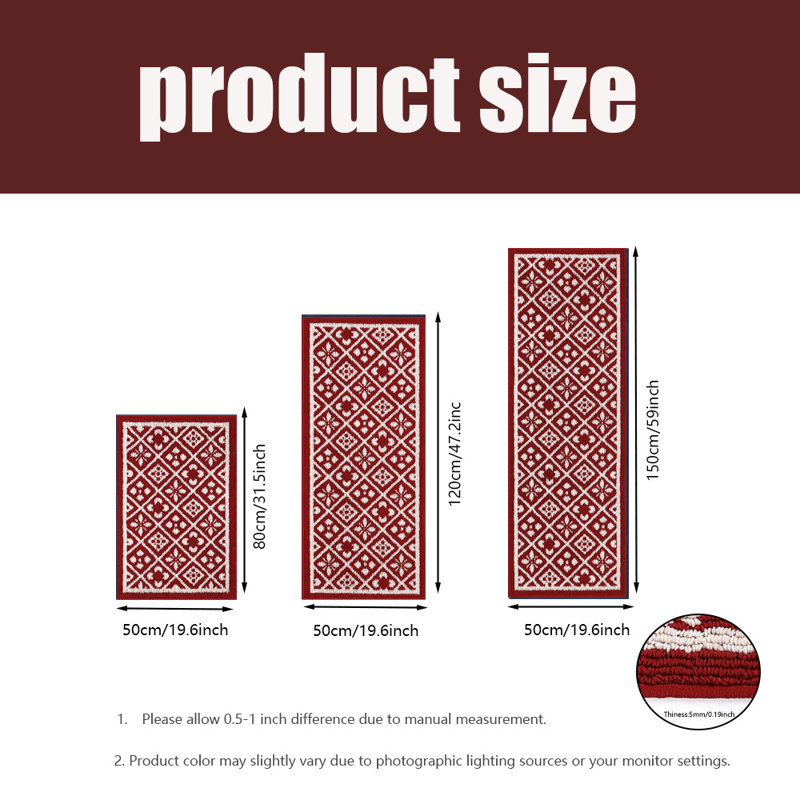 Tapis de cuisine, envers en caoutchouc antidérapant, lavable à la machine, ensemble de 3 pièces, Rouge