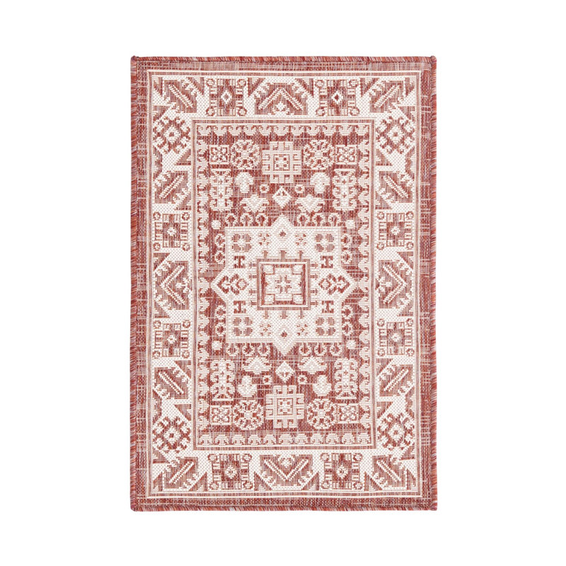 Tapis intérieur / extérieur rouge rouille en polypropylène tissé à la machine Archange, Rectangle 2 pi 2 po x 3 pi