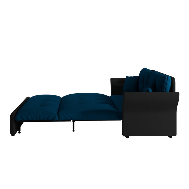 Grand lit convertible en velours bleu 74,8 po 3 en 1, 2 coussins moelleux, confortable pour dormir, facile à utiliser et long, avec structure en acier