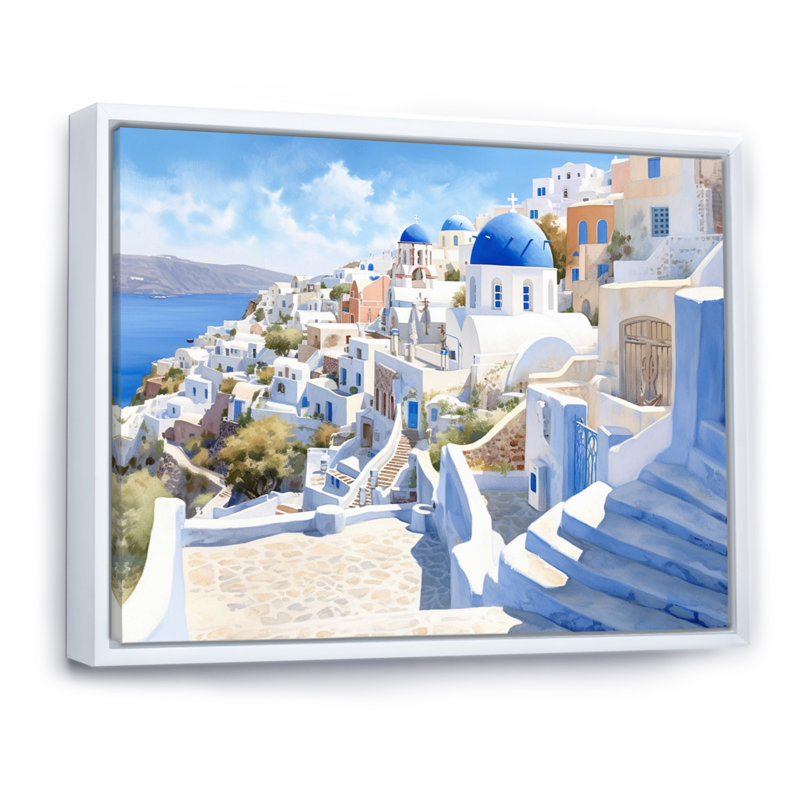 Grecque Santorini Odyssey II - Grèce, art mural, H 30 po x l 40 po x P 1,5 po, Cadre flottant blanc