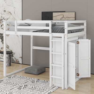 Wood Full Size Loft Bed With Wardrobe, Shelves And LED Light