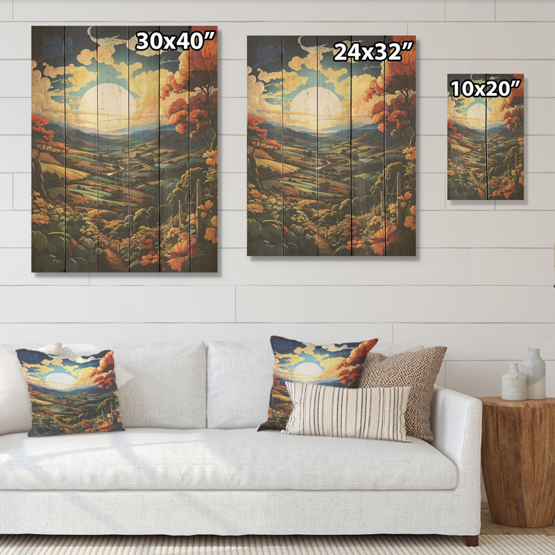 «Vineyard Kawaii Landscape - Vineyard», art mural sur bois de pin naturel, H 32 po x l 24 po
