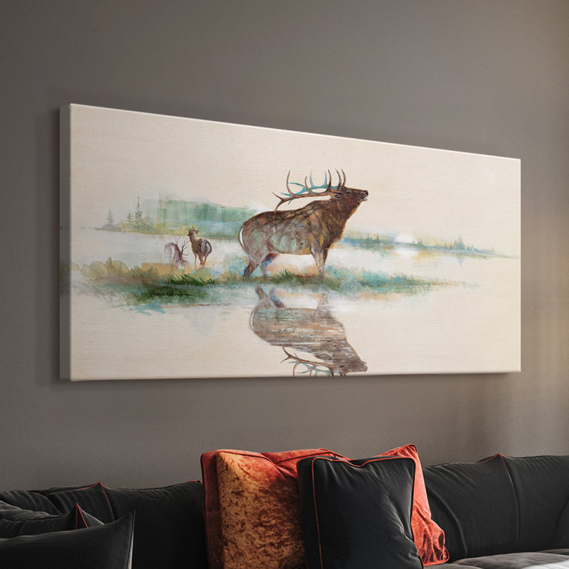 «Misty Elk», toile tendue avec châssis, prête à être accrochée, H 16 po x l 32 po