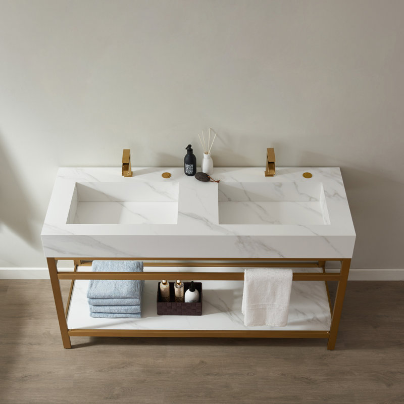 Ensemble de meuble-lavabo double 60 po, Or brossé, Pierre blanche