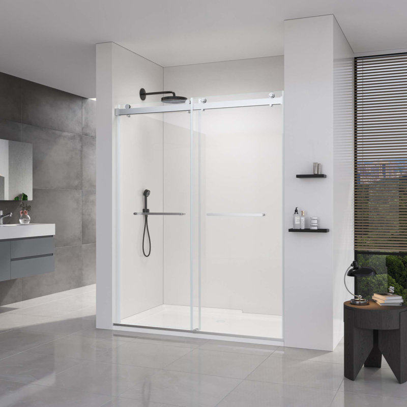 Frameless Double Sliding Shower Door,  Shower Glass Door With 5/16" (8Mm) Clear SGCC Tempered Glass, Explosion-Proof Film, Stainless Steel Hardware