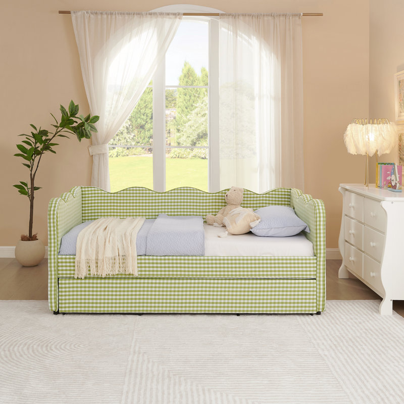 Lit de jour simple en tissu de lin avec couchette et port USB, Vert