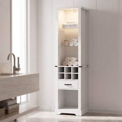 75" tall storage cabinet with LED lights and tempered glass shelves, farmhouse pantry cabinet with wine rack for bathroom