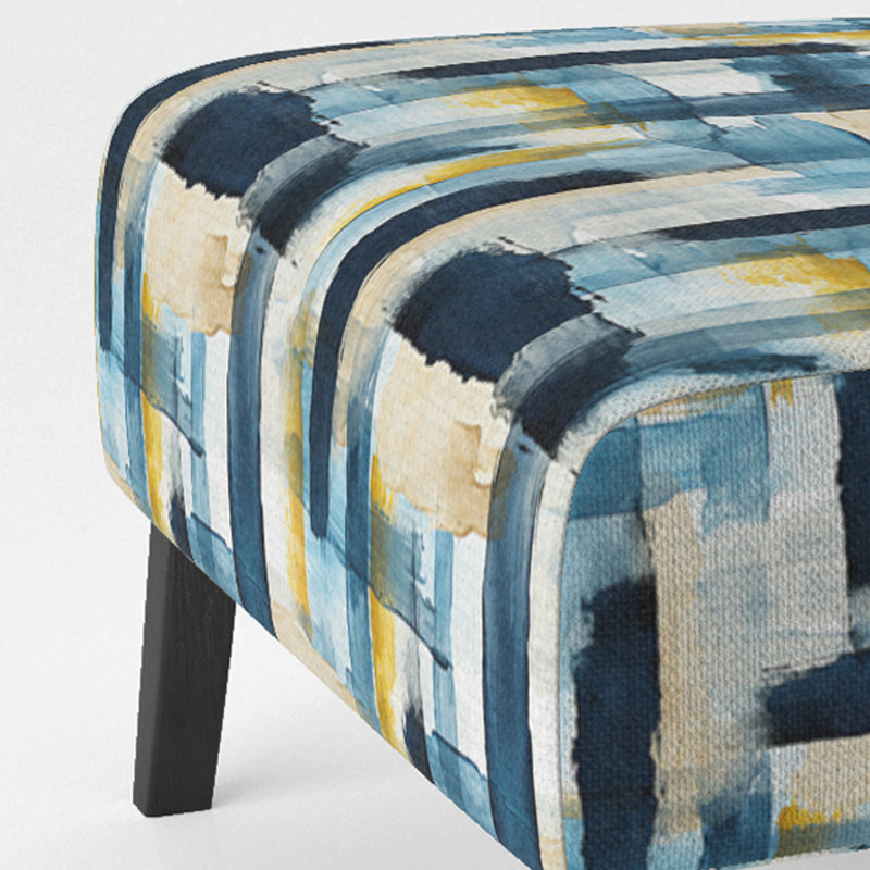 Fauteuil crapaud de style ferme, recouvert de velours, motif rayé bleu artistique