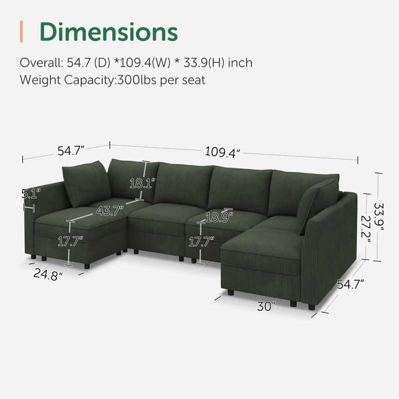 Canapé modulaire rembourré en U avec siège de rangement vert, Velours côtelé vert