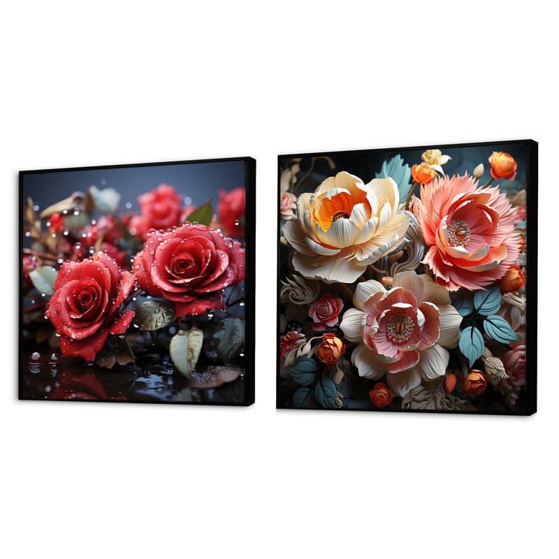 Crimson Rose Passion - Ensemble de 2 collages floraux carrés, Cadre flottant noir, H 16 po x l 33 po