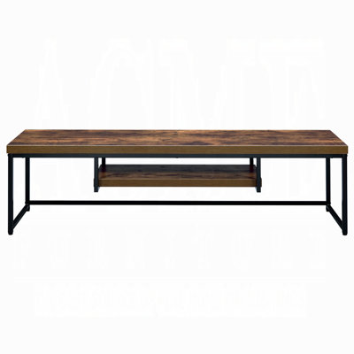 Meuble télé de style industriel avec structure en métal noir, plateau en bois au fini chêne vieilli, tablette, dimensions : 150 cm (L) x 41 cm (l) x 84 cm (H). Structure en métal et bois d'ingénierie. Grand espace de rangement.