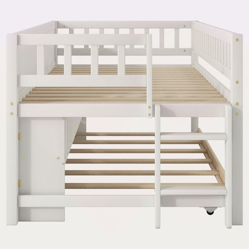Lit mezzanine bas en bois avec tablette de rangement et lit gigogne Kitzie, Blanc