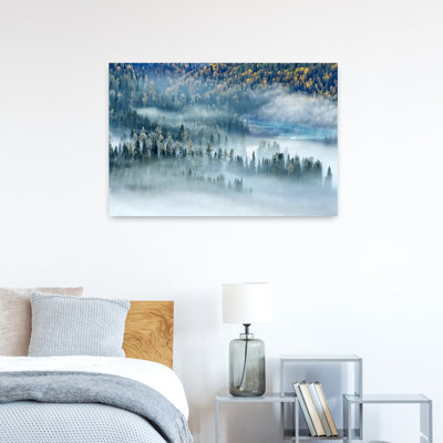 Misty Autumn Forest Valley Peaceful Serene Tranquil Evergreen Tree Autumn Forest Wall Art Print by Hua Zhu - Wrapped Canvas Print