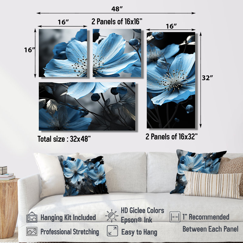 Symphonie botanique grise et bleue I - art mural bleu 4 panneaux, Toile tendue, Ne s’applique pas