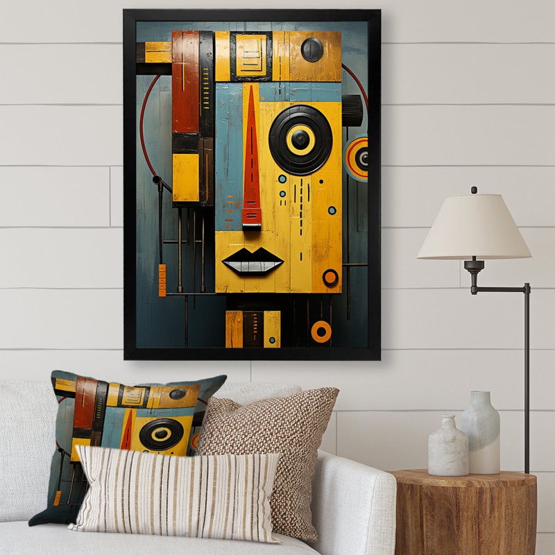 Masques jaunes ancestraux II - Masque africain, art mural, Cadre simple noir, H 20 po x l 12 po x P 1 po