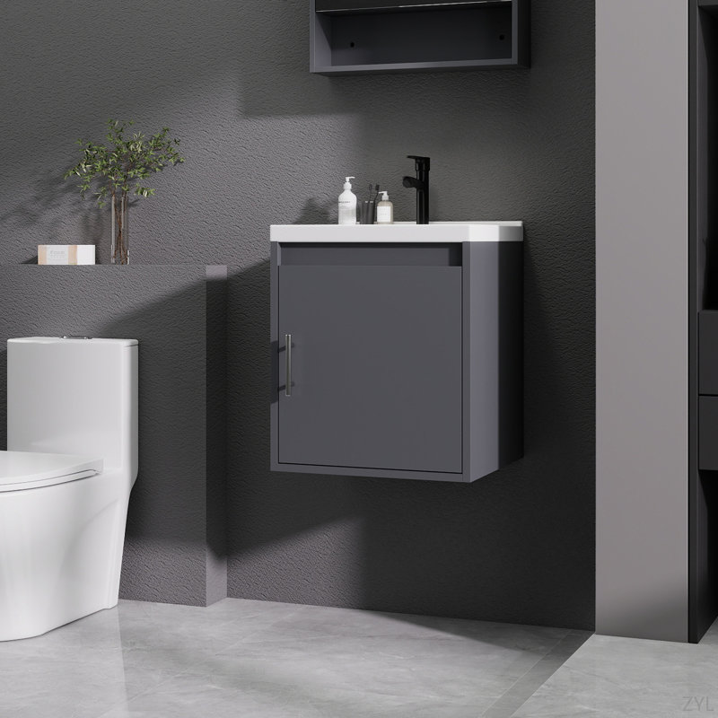 Meuble-lavabo 16 po avec lavabo en céramique et porte d'armoire à fermeture en douceur, fixation murale flottante, bonde escamotable, siphon en P inclus (sans robinet), K1 (incluant A +)