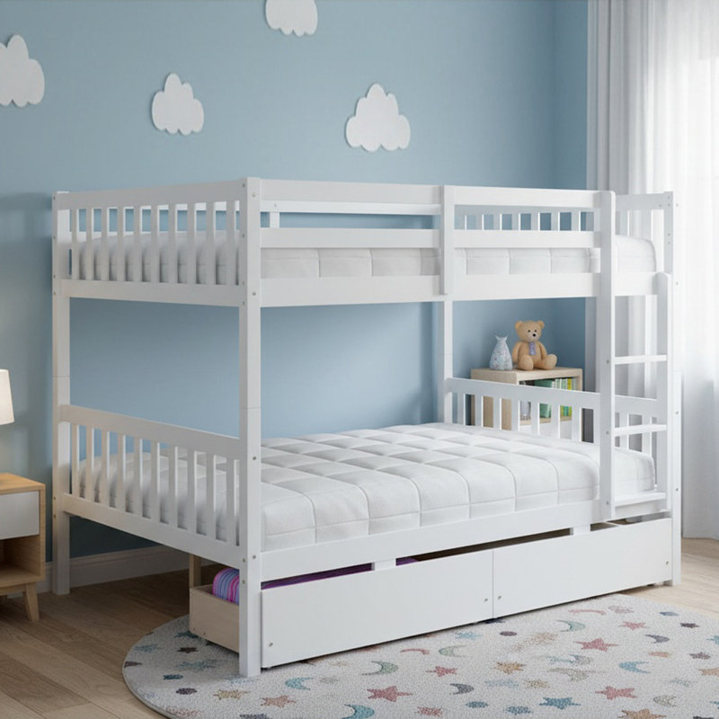 Lit superposé double au-dessus de double en bois massif avec 2 tiroirs, convertible en 2 lits doubles, lit superposé double avec échelle pour garçons et filles