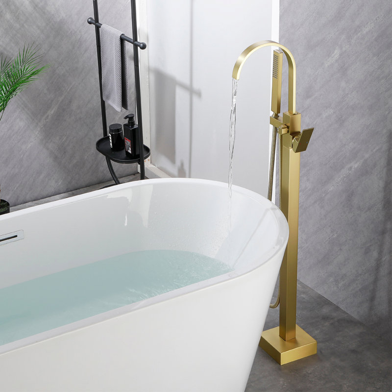 Robinet de baignoire autoportant à poignée simple avec douche à main, Or brossé