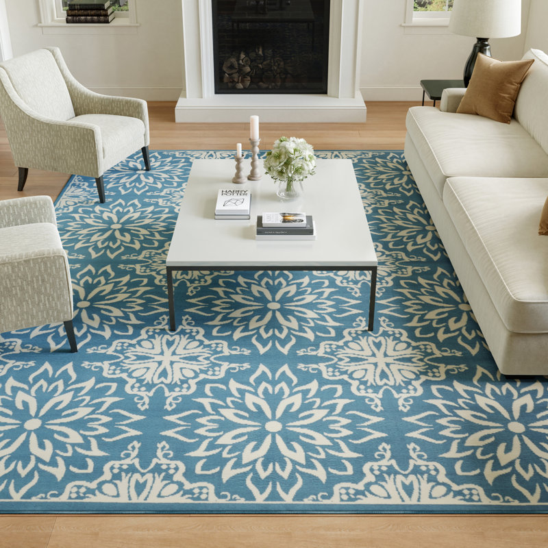 Tapis floral ivoire / bleu Yurig, Rectangle 6 pi x 9 pi