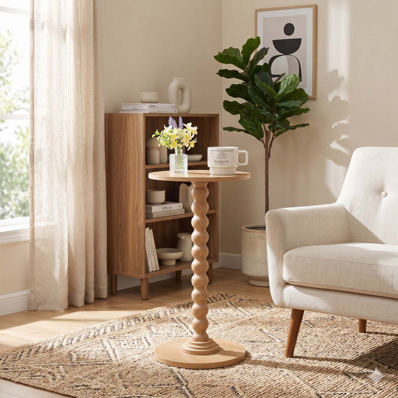 Table d'appoint ronde en bois, table d'appoint Mid-Century avec base piédestal, Beige