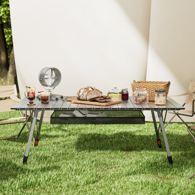 Outdoor Folding Table With Adjustable Legs Aluminum Roll-Up Camping Table With Carrying Bag And Mesh Storage Organizer Ideal For Picnic BBQ And Travel