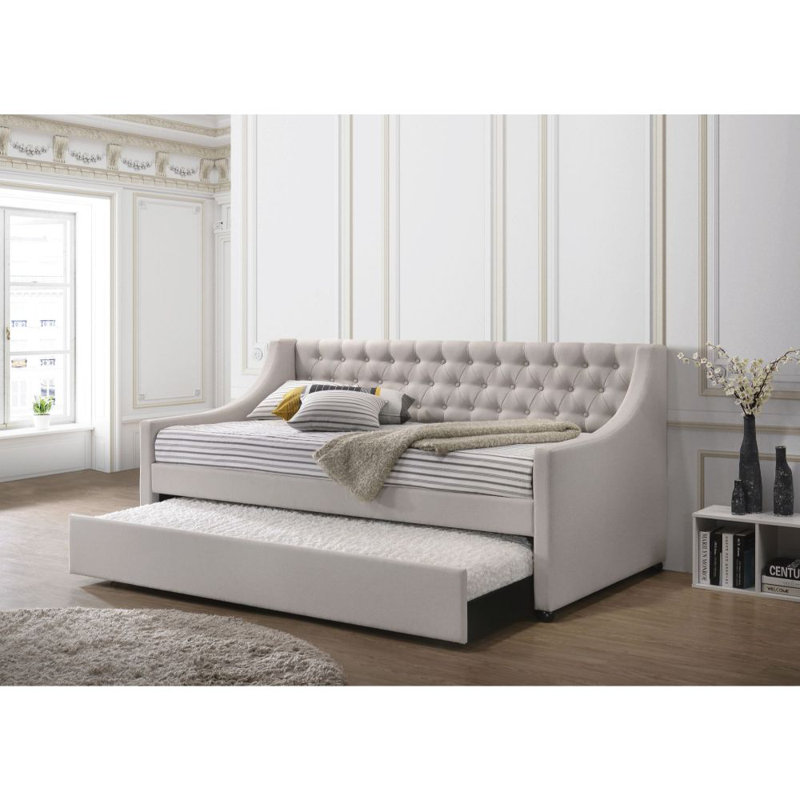 Elanah Upholstered Daybed with Trundle, Botton Tufted Design Bed, Twin, Beige