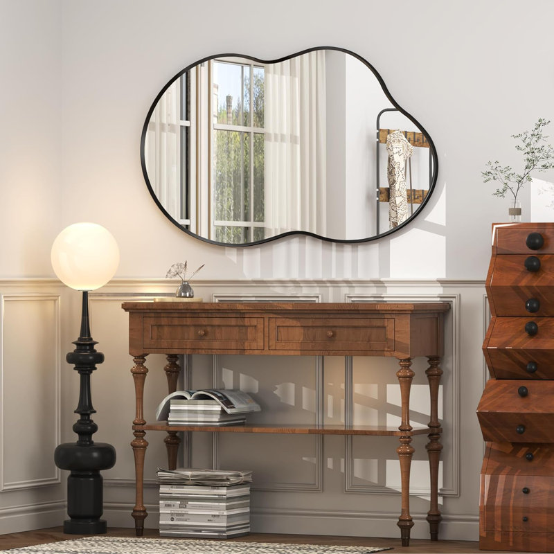 Asymmetrical Tempered Glass and metal Alloy Framed French Cleat Mounted Wall Decor Bathroom Vanity Mirror, 40" x 24"