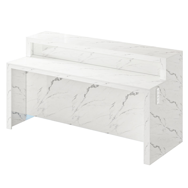 2-Tire Faux Marble Kitchen Island Dining Table with LED Light, Modern Stationary Kitchen Island with Power Outlet for Dining Room