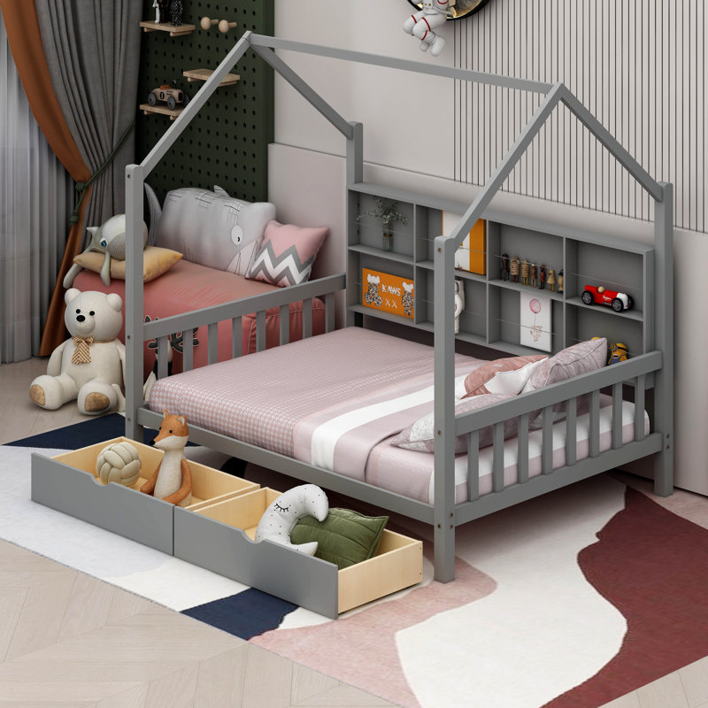 Antiope Kids Bed with Storage Shelf, Gray, Full 