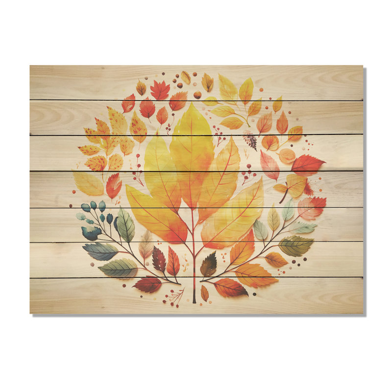 Feuilles d'automne jaunes et rouges - Érable sur bois, impression sur bois, H 24 po x l 32 po x P 0,78 po