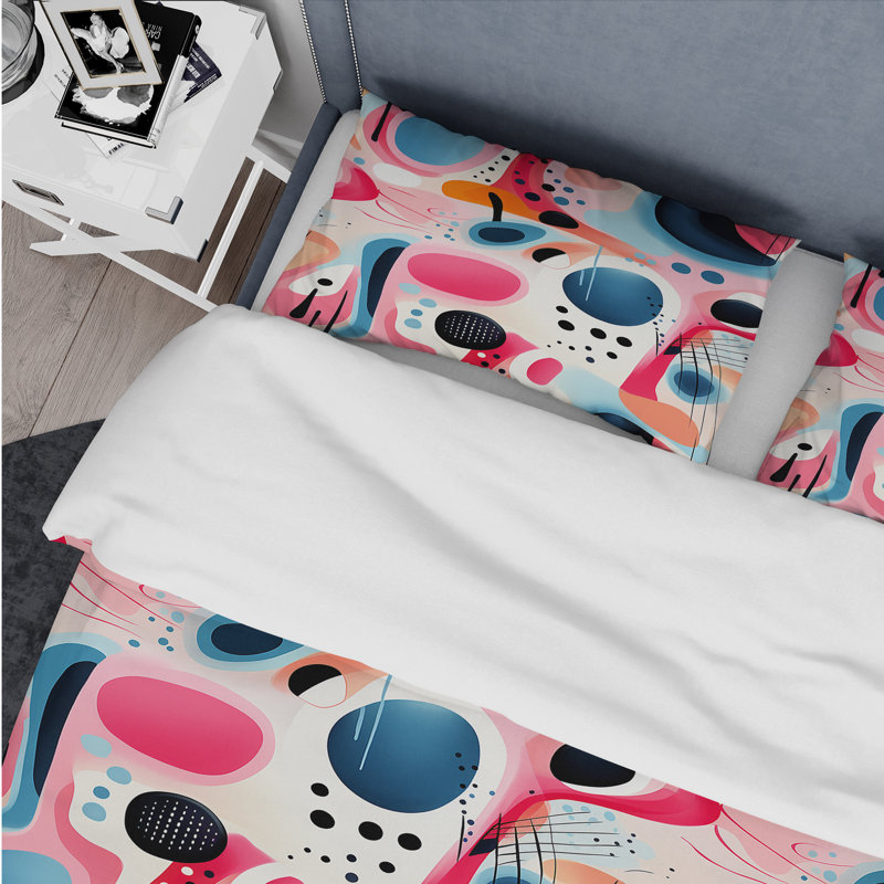 Literie collage bleu et rose Mid-Century géométrique VI, Housse de couette pour très grand lit et 2 très