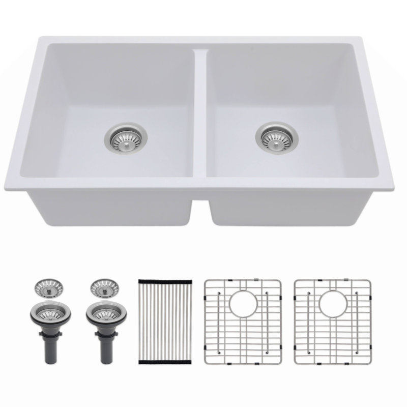 Quartz Kitchen Sink - 33X19"  Granite Composite Undermount Kitchen Sink Double Bowl50/50