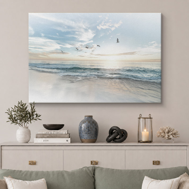 Coastal Beach Sunrise on The Beachy Scene Seagull Coastal Modern Large Canvas Print Wall Art Bedroom Decoration