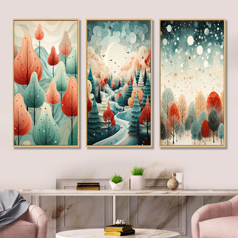 Ensemble de 3 impressions sur toile de pin de Noël orange et vert, Cadre flottant brun, H 28 po x l 36 po