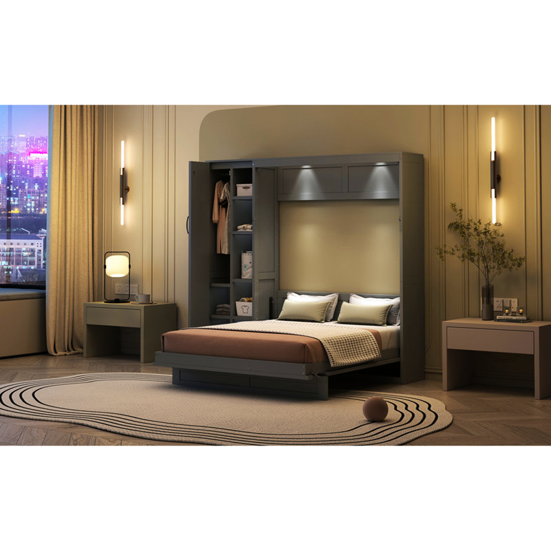 Lit mural pleine grandeur de couleur grise avec tablettes, garde-robe et lumières à DEL, facile à plier avec rangement gris et convenant aux petits espaces