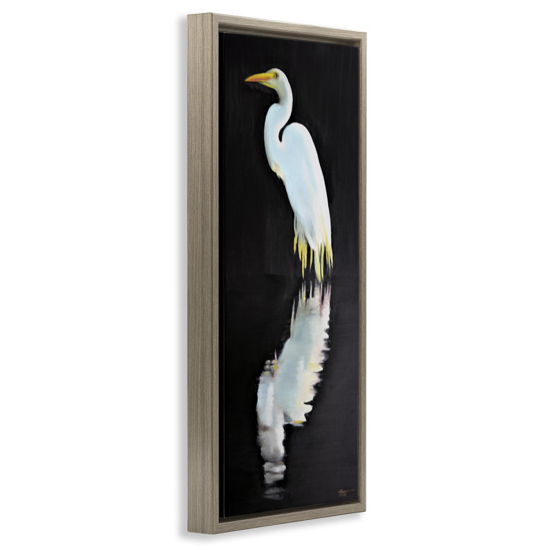 Art mural sur toile, "Dark Egret Reflection" par D. Rust, H 25 po x l 11 po x P 1,7 po, Cadre flottant orme Montalcino