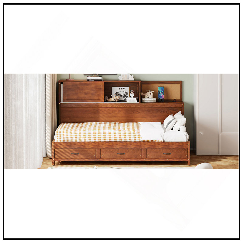 Wooden Daybed With 3 Storage Drawers, Upper Soft Board, Shelf, And Integrated Sockets And USB Ports For Modern Living, Walnut