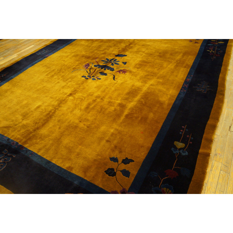 Antique Art Deco Room Size Wool Blue Navy, Gold Rug