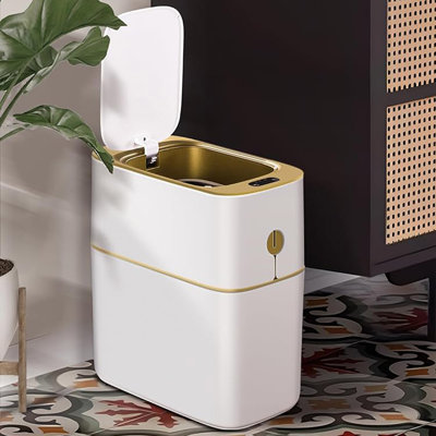 Poubelle de salle de bain à capteur automatique Joybos, bac à capteur en plastique 3,5 gallons avec couvercle à fermeture douce, blanc et or