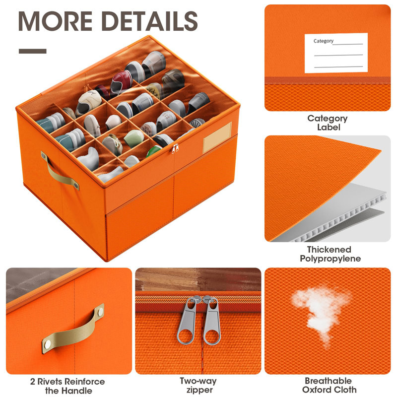 Large Orange Shoe Organizer Box with Clear Cover and Adjustable Dividers