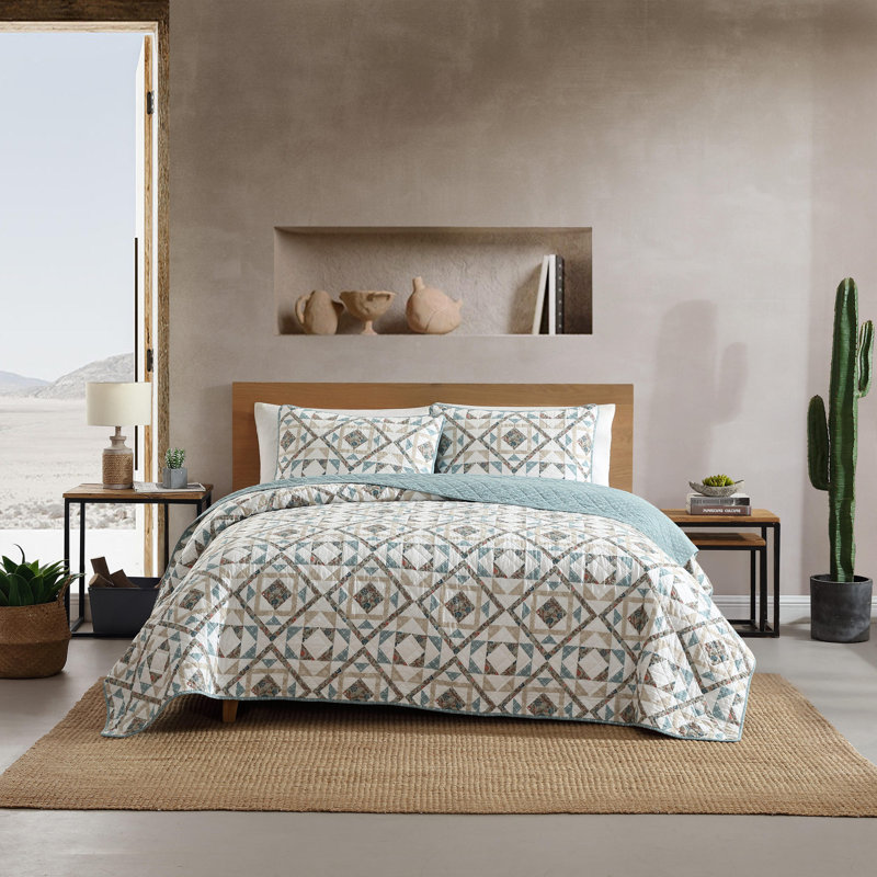 Annie Blue and Beige Cotton Twin Reversible Quilt Set
