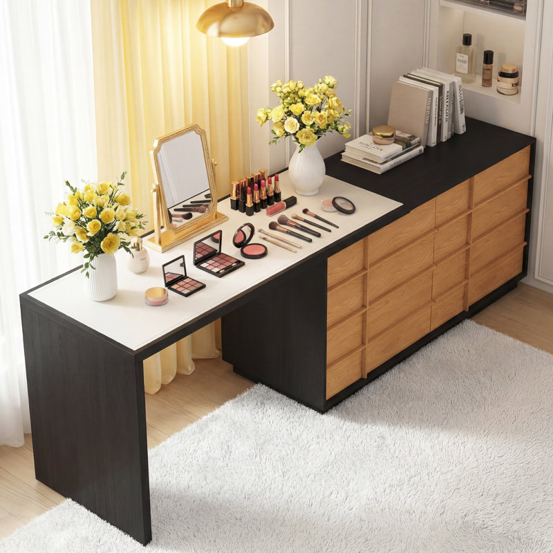 Bureau d'ordinateur à rallonge 110,23 pouces avec 6 tiroirs moderne en forme de L pour bureau à domicile en bois noir