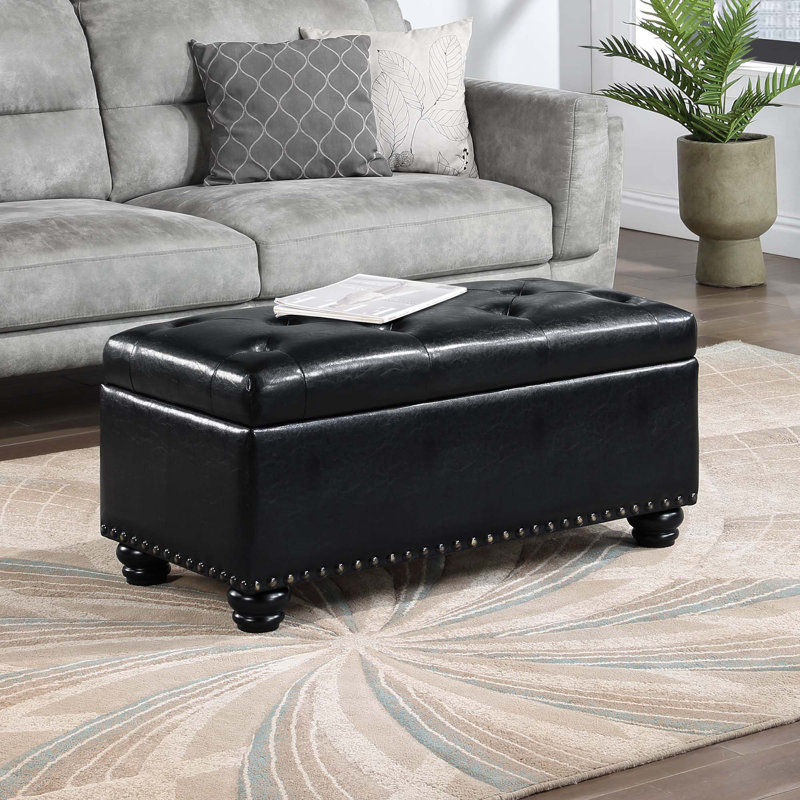 Alease 35.5" Tufted Rectangle Storage Ottoman, Black Faux Leather