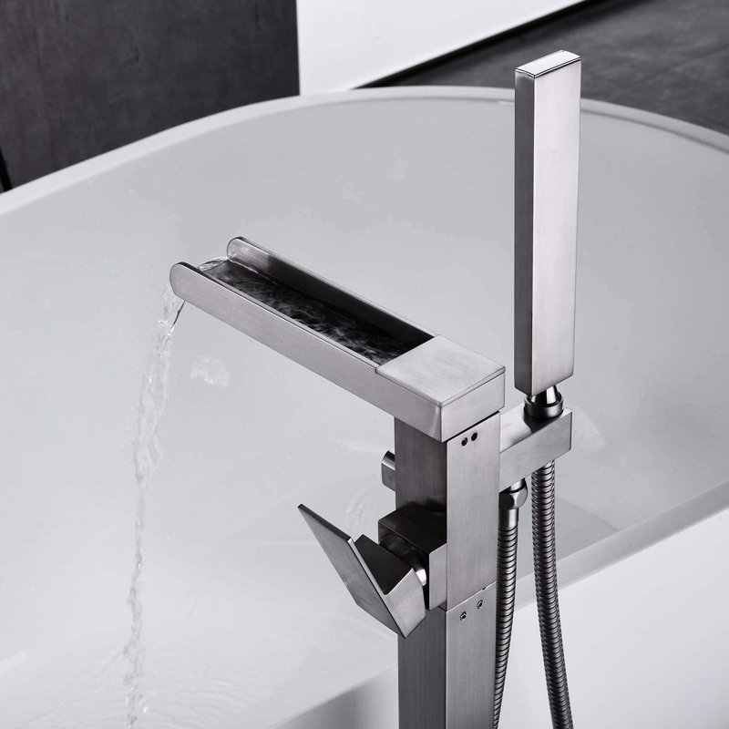 Waterfall Tub Filler With Hand Shower For Bathroom - Brushed Nickel Floor Mount, Corrosion Design Modern Mount Spout And Nickel, Rust Fixture