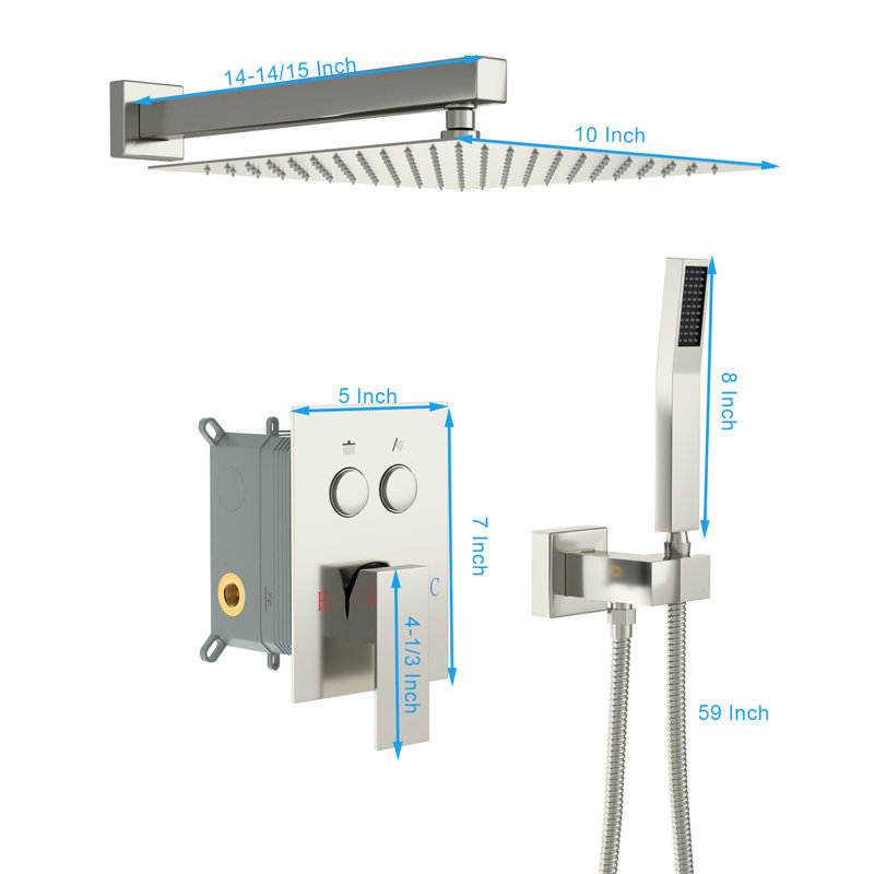 Système de douche nickel brossé à double tête - Fixation murale carrée de 10 pouces, - Équilibrée, pluie et douchette