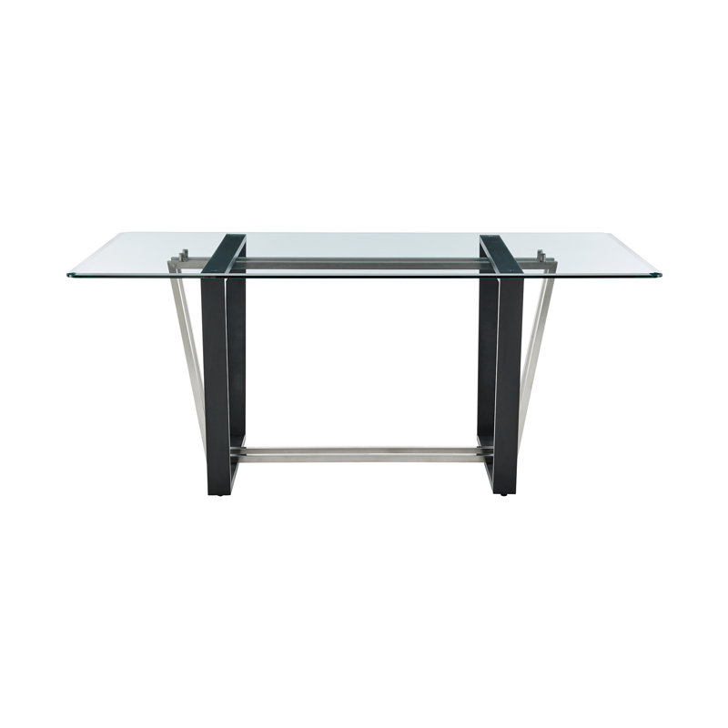 Jaqueal Contemporary 72" Rectangular Dining Table with Black Steel Base and Glass, Black/Silver