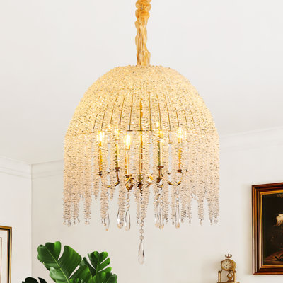 6-Light K9 Crystal Waterfall Chandelier,  Gold Cascading Teardrop Pendant Light,Adjustable Height