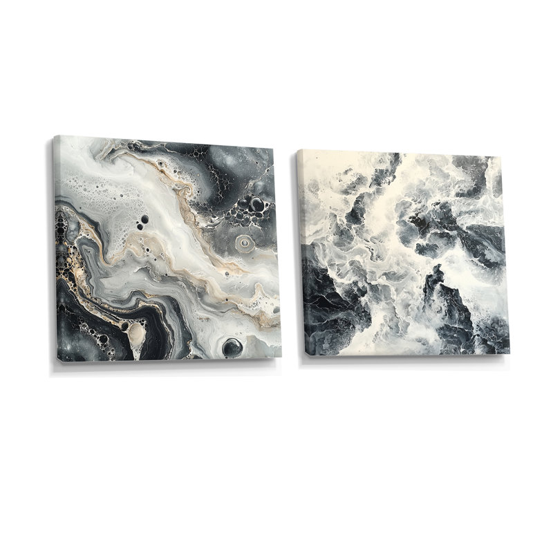 2 pièces de marbre moderne, encre monochrome I - art mural de décoration murale en marbre - art mural moderne pour le salon