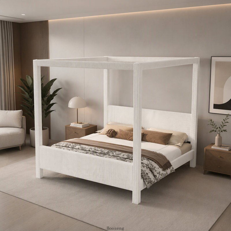 Lit plateforme à baldaquin capitonné King avec tête et pied de lit en velours côtelé à côtes verticales, beige, Beige