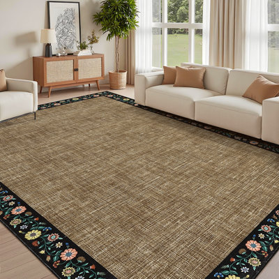 Tapis lavable de 10 pi x 13 pi - grand tapis floral moderne à poils courts et doux, tapis décoratif à bord botanique pliable et antidérapant pour salon, chambre à coucher, brun